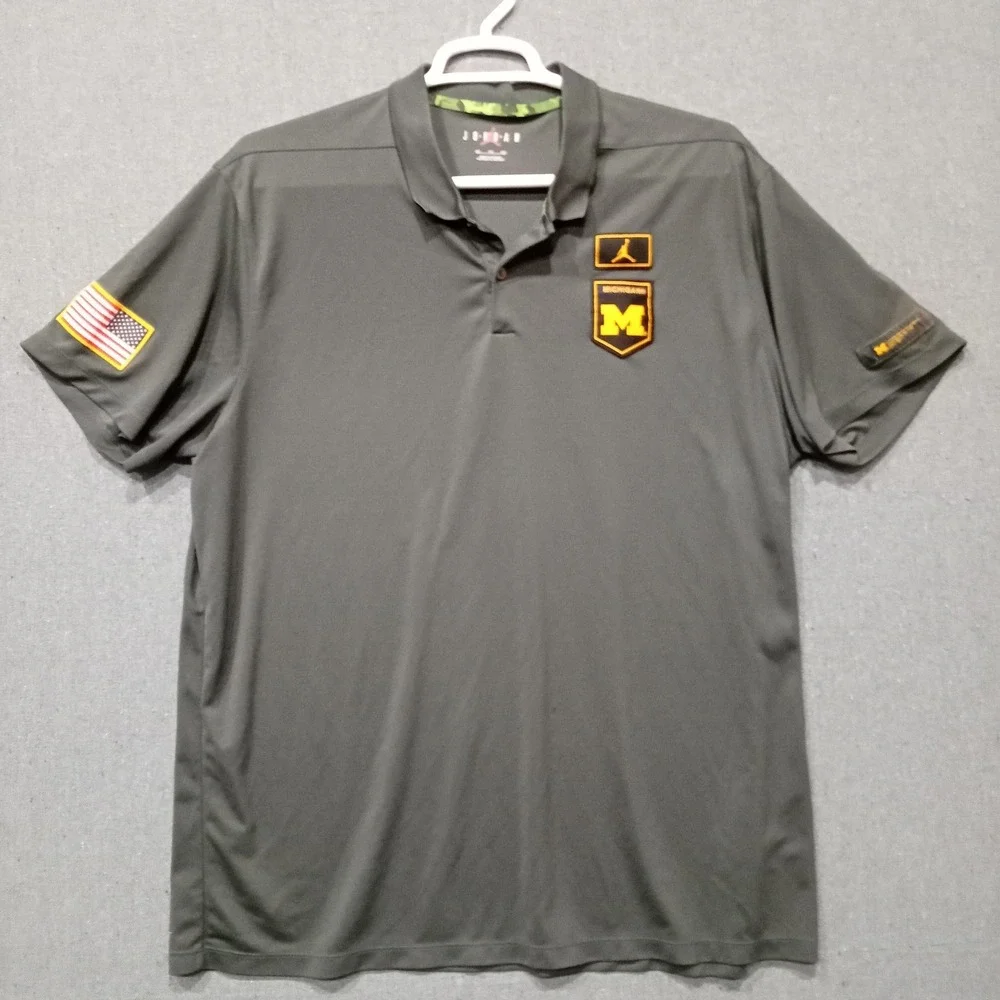 Jordan Michigan Wolverines Mens XXL Polo Shirt Green Military Applique Jumpman
